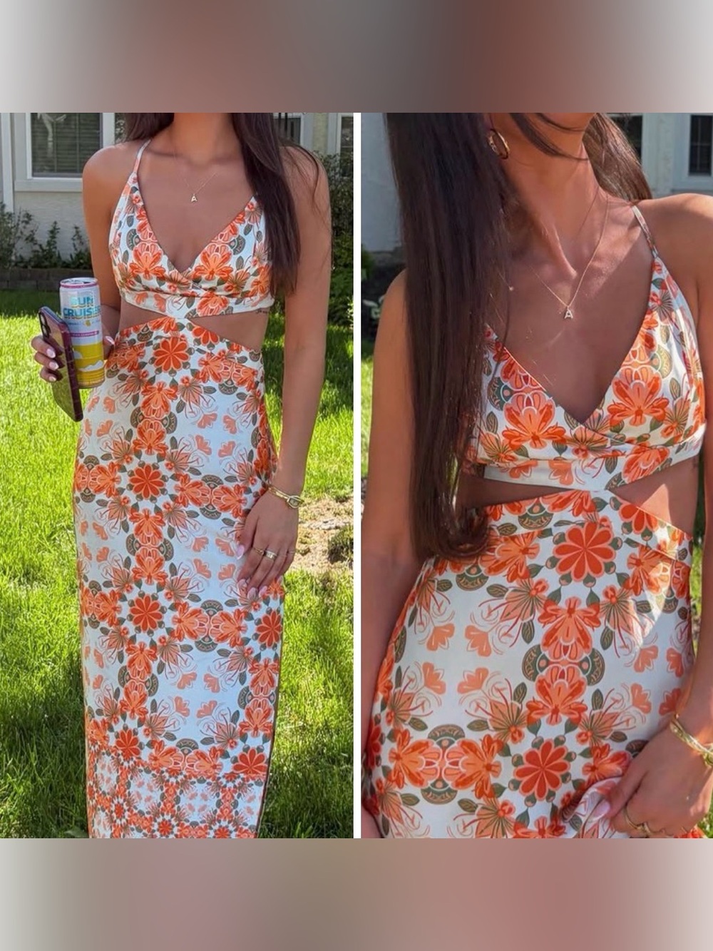 New House Of Harlow Orange Floral Satin Cutout Maxi Dress - Picture 3 of 7